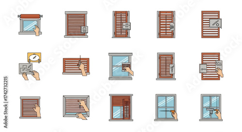 Collection of window blinds and shades with hand interaction icons.