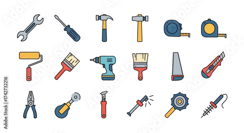 Colorful cartoon icon set of various construction and repair tools.