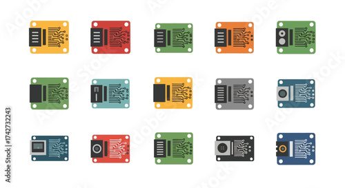 Colorful collection of various electronic sensor modules for microcontrollers.