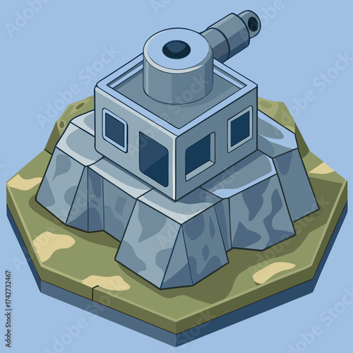 Isometric Coastal Artillery Battery with Rotating Turret