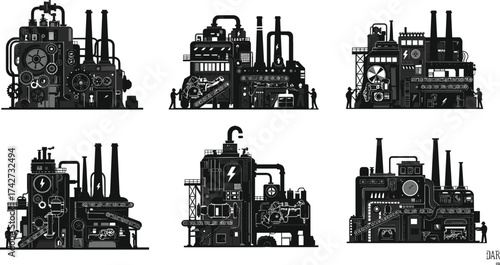Industrial factory illustration, mechanical engineering design, monochrome factory sketch, energy production concept, workers silhouette, machinery, piping, gears, smokestacks, control panels