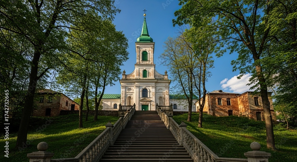 Fototapeta premium Historic Church with Grand Staircase and Lush Greenery