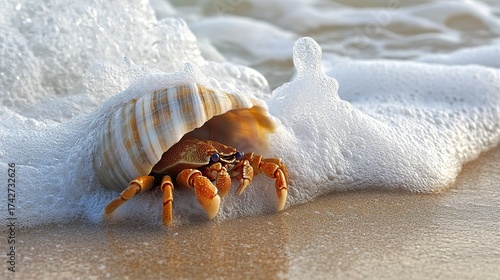 Fototapeta Naklejka Na Ścianę i Meble -  A hermit crab is walking along the beach, its shell covered in sand and ocean waves gently lapping against it.