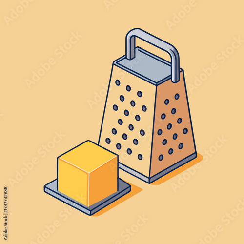 Isometric Illustration of Grater and Cheese Block on Yellow Background