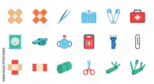 Flat design vector icon set of first aid kit essentials.