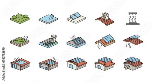 Geothermal and Solar Energy Building Icons Set.