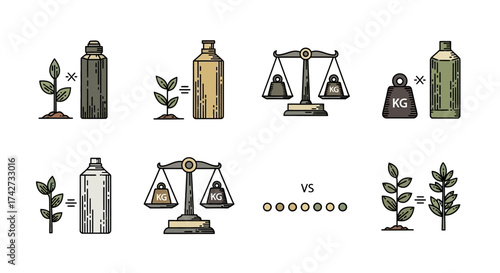 Hand drawn icons comparing chemical pesticides and organic farming methods.