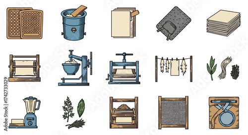 Hand Drawn Icon Set of Vintage Papermaking Process and Tools.