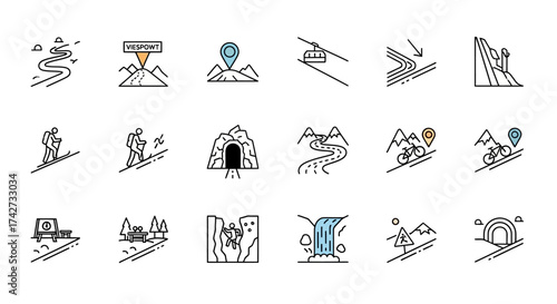 Hand Drawn Mountain Road and Outdoor Adventure Icon Set.