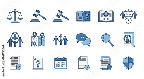 Hand Drawn Law and Justice Icon Set in Blue Tones.