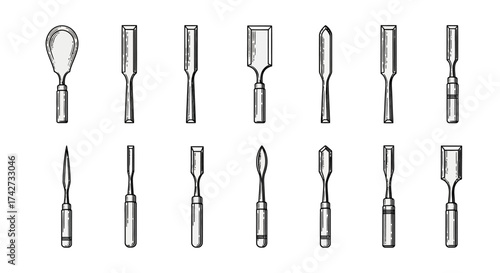 Hand drawn set of various woodworking chisels and gouges.