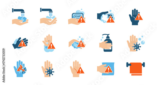 Hand Hygiene Icons - Washing, Sanitizing, and Protection.