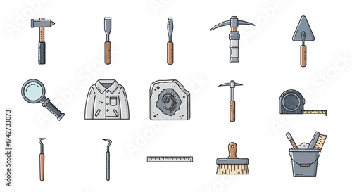 Hand Drawn Vector Icons of Archaeological Equipment.