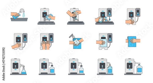 Hand hygiene process with soap dispenser and hand sanitizer.