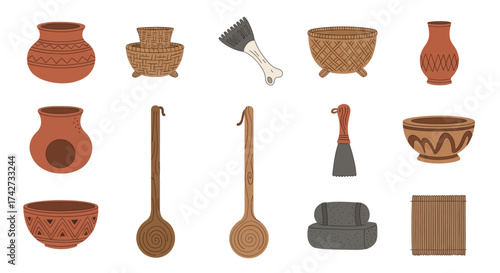 Illustrated Set of Ancient Pottery and Prehistoric Tools.