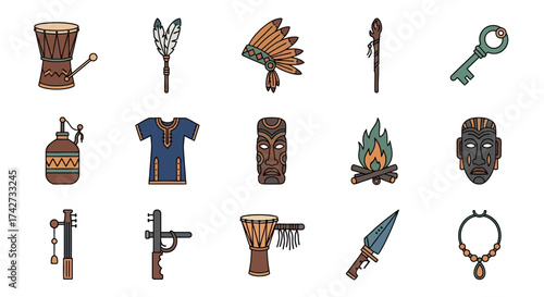 Illustrated Collection of Ancient Tribal Artifacts and Symbols.