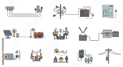 Illustrations of Electrical Power Systems and Energy Solutions for Homes and Businesses.