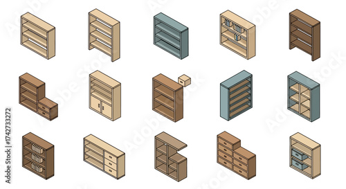 Isometric Bookshelves Collection - Diverse Designs for Home and Office Storage.