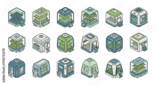 Isometric collection of futuristic biodomes and vertical farming modules.