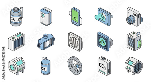 Isometric CO2 Emission Reduction Devices - A Collection of Sustainable Technology.