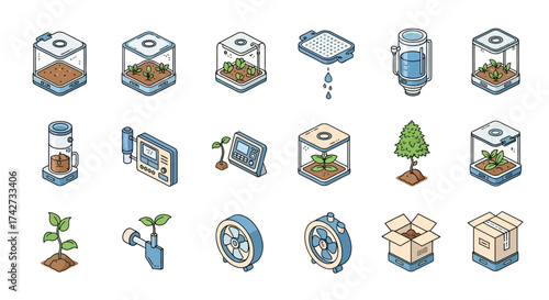 Isometric Icons Representing Indoor Gardening and Plant Cultivation.