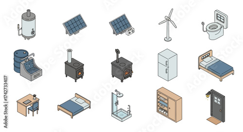 Isometric Sustainable Living Icons - Renewable Energy and Eco-Friendly Home Elements.