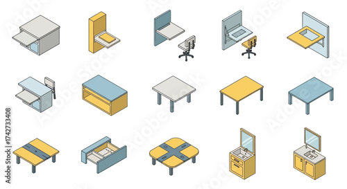 Isometric furniture collection showcasing various tables chairs and cabinets.