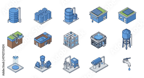 Isometric Water Purification and Storage System Icons Set.