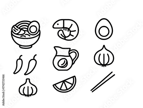 Vector Food icons: ramen, shrimp, avocado, chili, garlic, lemon, chopsticks