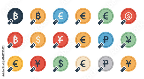 Magnifying Glass Examining Various Global Currency Coins and Cryptocurrency Symbols.