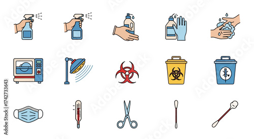 Medical Sanitation and Healthcare Procedure Color Icon Set.