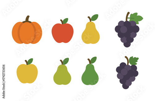 Vector Colorful assortment of pumpkin, apples, pears, and grapes illustrations on white background