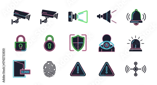Security and Surveillance System Icons Representing Protection and Safety.