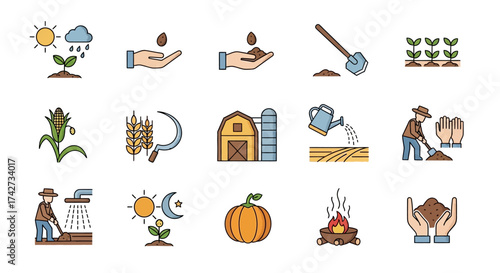 Set of Colorful Farming and Agriculture Process Icons.