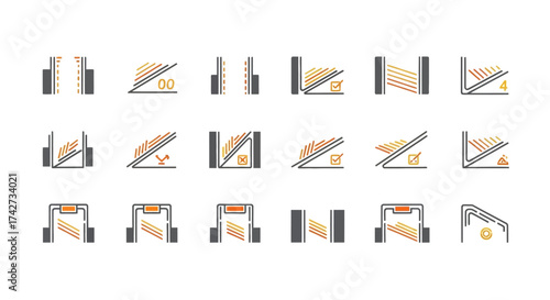 Set of car wash service icons with various cleaning processes and equipment.