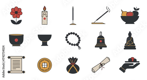 Set of Buddhist Religious and Spiritual Icons.
