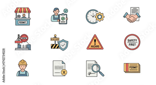 Set of colorful vector icons representing various aspects of business and industry.