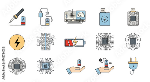 Set of electronic components and power related icons.