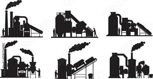 Industrial factory silhouette illustration, machinery, smokestacks, workers, manufacturing process, black vector, engineering, refinery, production, heavy industry, scalable asset