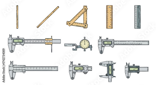 Set of Hand Drawn Calipers and Rulers for Measurement.
