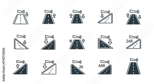 Set of road slope and incline icons with arrows indicating direction and degree of slope.