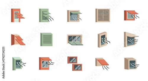 Set of Wall Mounted Ventilation and Airflow Icons.