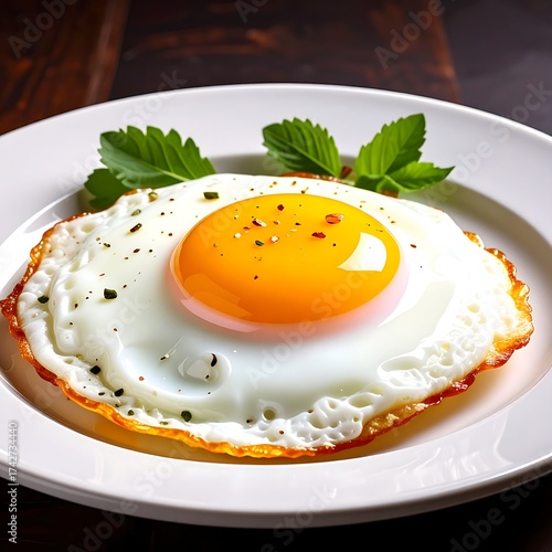 Sunny Side Up Egg with Fresh Herbs on White Plate.