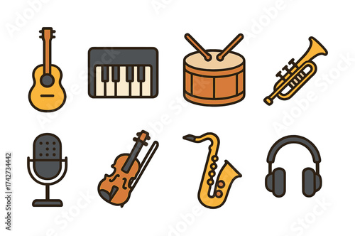Vector Musical instrument icons set: guitar, piano, drums, trumpet, microphone, violin, saxophone, headphones