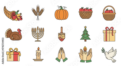 Thanksgiving and Holiday Symbols Collection for Festive Celebrations.