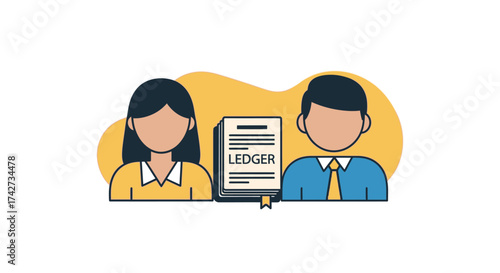 Two people standing next to a ledger book.