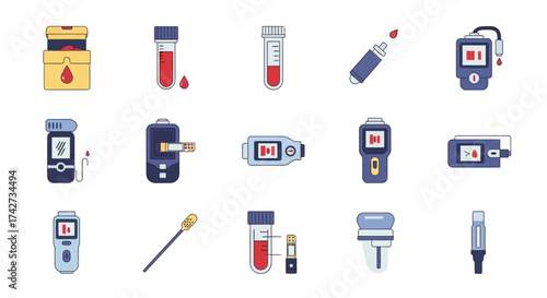 Vector Icon Set for Diabetes Care and Blood Sugar Monitoring.