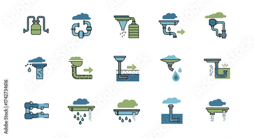 Water purification and filtration systems icon set.