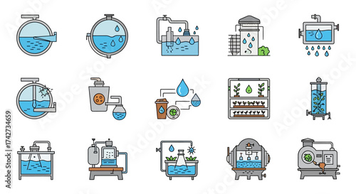 Water Purification System Icons Set.