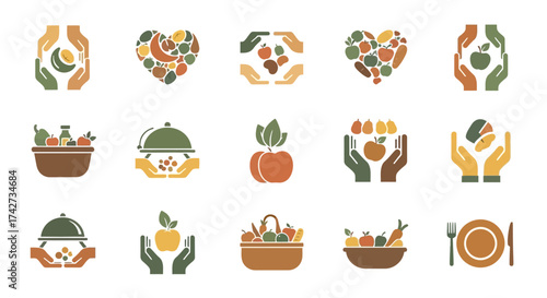 A diverse collection of flat icons for healthy eating and food donation.